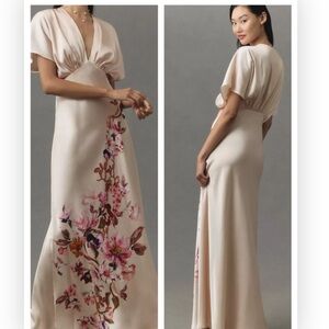 NWT BHLDN Anthropologie Leila Deep-V Flutter-Sleeve Satin A-Line Gown